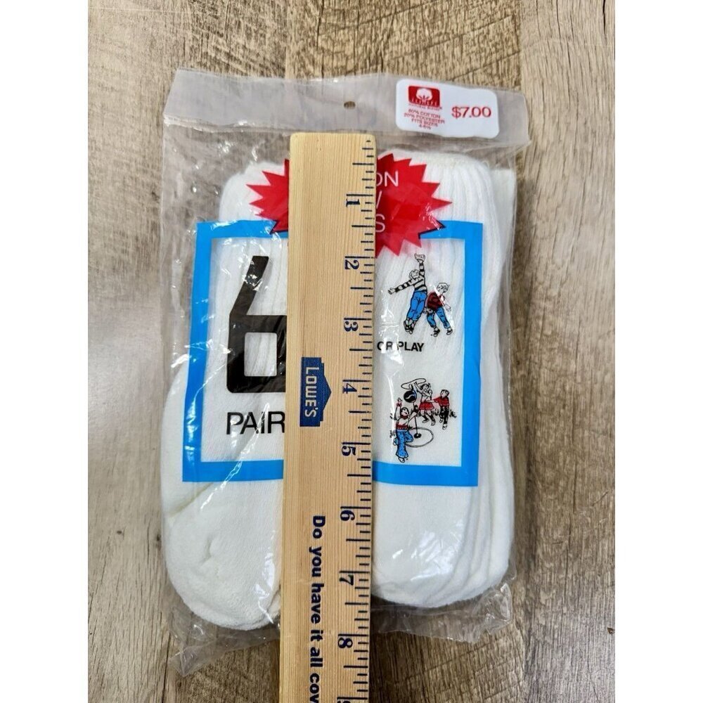Vintage 6 Pack Cotton Blend Socks Youth/Kids 4-6.5 White Crew Cushion USA NEW - Picture 4 of 5